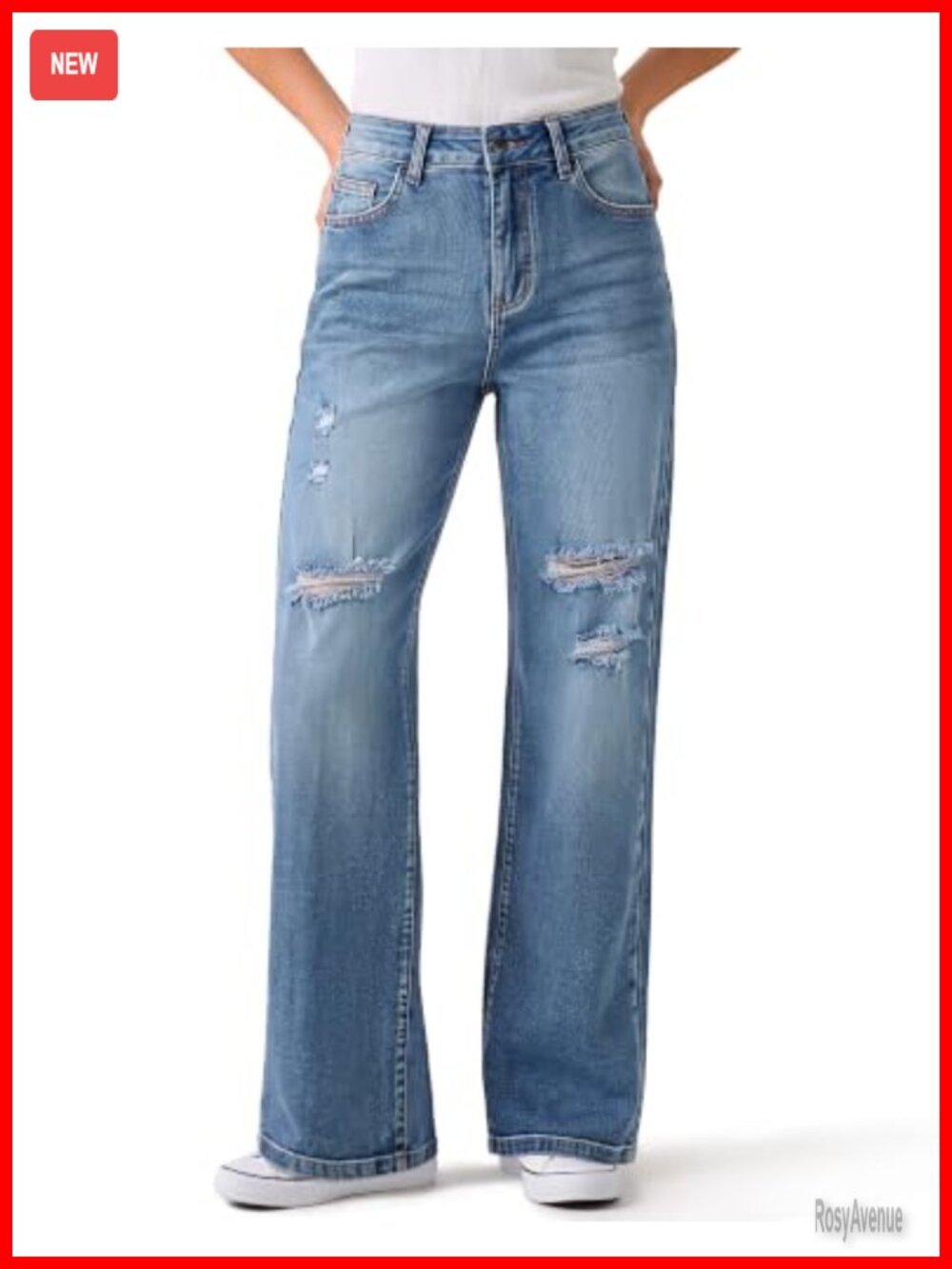 Women's Stretchy Wide Leg Baggy Ripped Jeans High Rise Loose Denim Pants